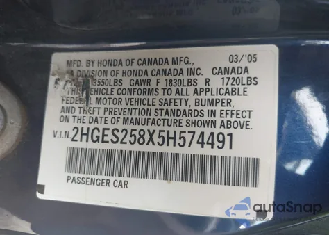 2005 Honda Civic Ex z USA, uszkodzony, nr VIN 2HGES258X5H574491